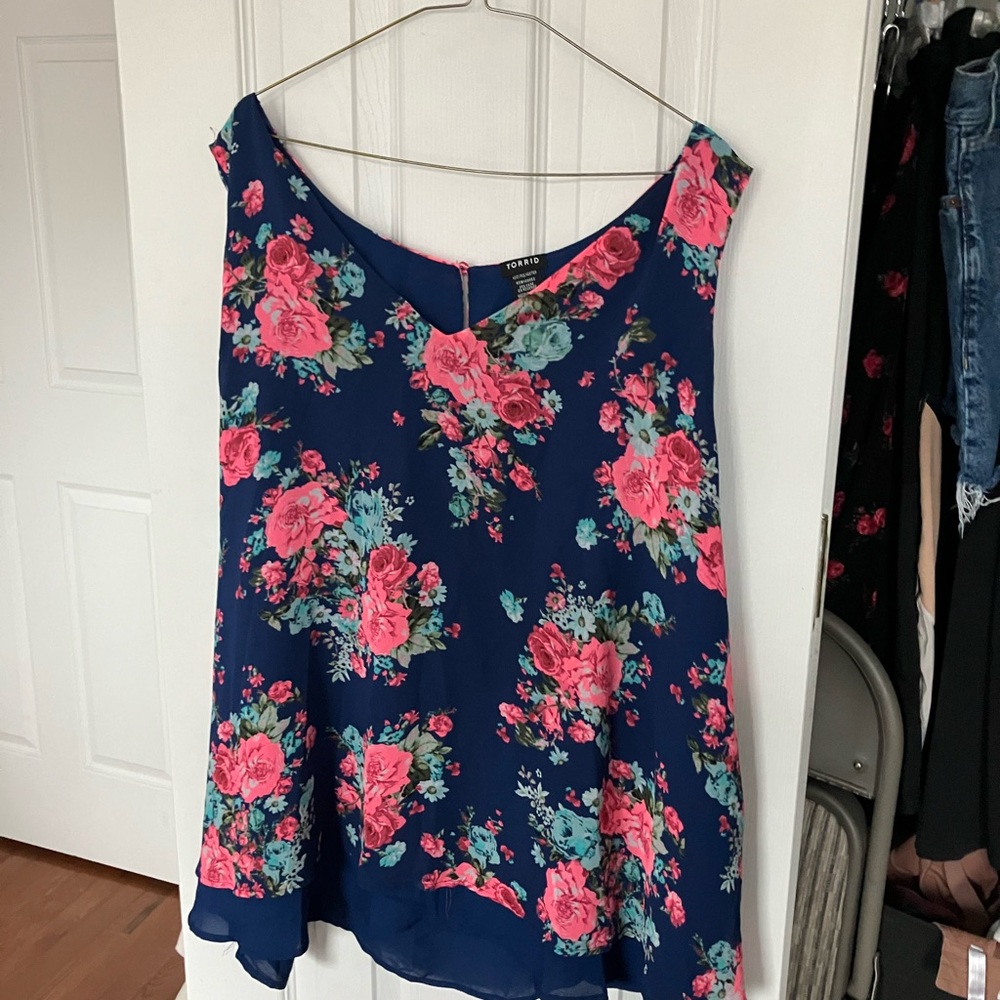 Torrid Navy Floral Faux Layered V Neck Tank Top